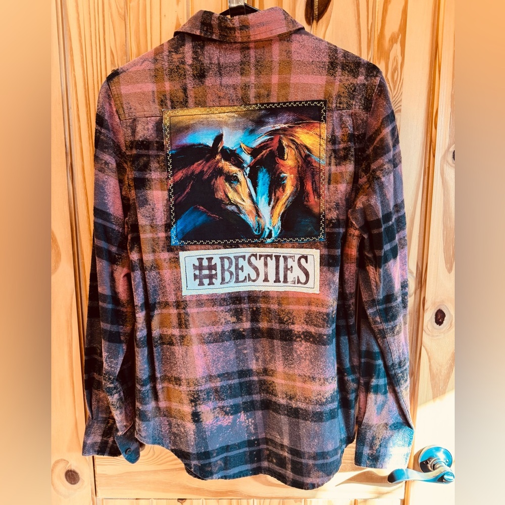 Angry Minnow Flannel Shirt with Horse Patch and #Besties Design